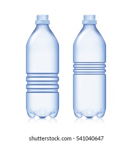 Empty Bottle. Set Realistic Blank Plastic Blue Water Bottle. Mock Up For Your Design. Vector Template Background