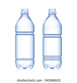 Empty Bottle. Set Realistic Blank Plastic Blue Water Bottle. Mock Up For Your Design. Vector Template Background