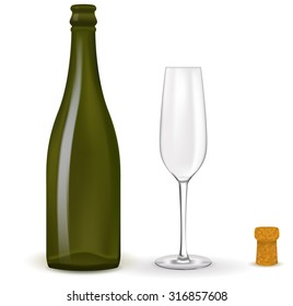 Empty bottle of wine, champagne with wine cork and glass. Vector isolated on white background.
