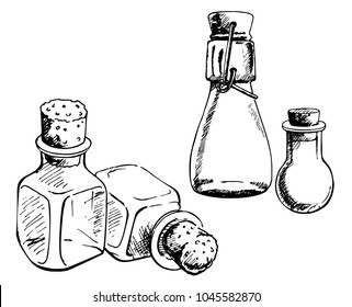 Empty Bottles Collection In White Background. Sketch.