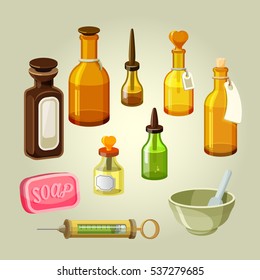 Empty bottles, flasks, potions and drops vector set. Apothecary remedies. Reservoirs for shampoos, oils, pharmacology elixirs. Drugstore mixtures. Laboratory medicaments. Soap and syringe illustration