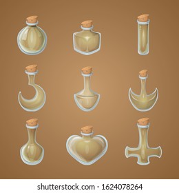 Empty bottles for magic potions game asset vector set, cute fantasy design, isolated icons.