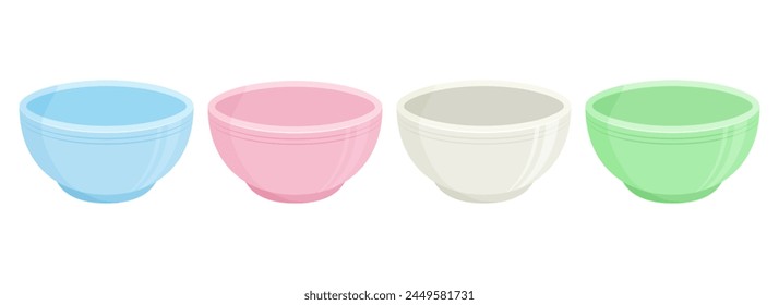 Tazón vacío, placa de dibujos animados, icono de plato de sopa, taza de cocina, recipiente Grande de alimentos de cerámica, vista superior de vajilla profunda colorida. Cocina olla 3d aislado sobre fondo blanco. Comer Ilustración vectorial