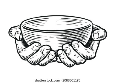 Empty bowl in hands. Sketch vintage vector illustration