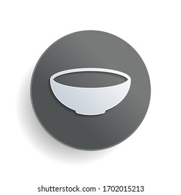 Empty bowl icon. Sign of kitchen. White paper symbol on gray round button or badge with shadow