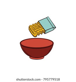 Empty bowl and instant noodle, pasta cooking instruction, sketch, hand drawn vector illustration isolated on white background. Cooking pasta - opened package of instant noodle and empty bowl