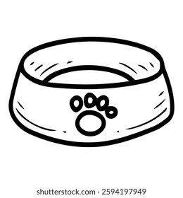 Empty bowl for pet food. Hand drawn doodle. Animal care. Feeding hungry cat dog. Plastic, metal, ceramic tableware. Vector line art illustration.