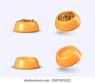 Empty bowl and plate with food. Set of vector realistic models in different positions