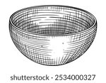 Empty bowl vector illustration. Drawing of wooden kitchenware painted by black inks on isolated background in linear style. Outline etching of traditional dish for cookbook. Engraving of container.