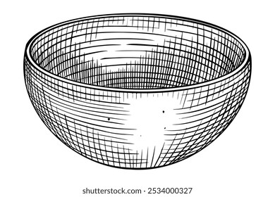 Ilustración vectorial de tazón vacío. Dibujo de utensilios de cocina de madera pintados con tintas negras sobre fondo aislado en estilo lineal. Esquema de grabado de plato tradicional para libro de cocina. Grabado del contenedor.