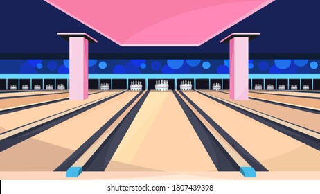 Empty bowling alley. Sport club interior.