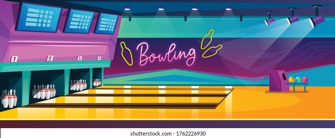 Leeres Bowlingcenter oder Club mit fantastischem Innendesign im Cartoon-Stil. Bowling Wettkampfbanner mit Gassen, Pins und Bälle.