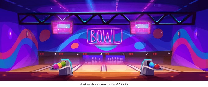 Leeres Bowlingcenter-Interieur mit Gasse und Stiften, farbenfrohen Bälle in der Rückführung Mechanismus, Anzeigetafel Bildschirme und Neon Glow Zeichen. Cartoon, Vektorgrafik eines aktiven Indoor-Teamspielclubs.