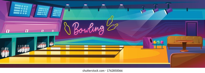 Empty bowling center with luxury design side view. Bowling alleys, pins and balls. Empty tables and seats. Cartoon design for bowling competition.