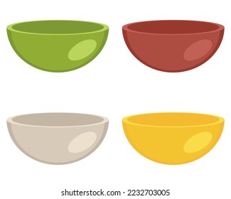 Cuencos vacíos de colección de colores diferentes. Perfecto para pegatinas, afiches, menús e impresos. Ilustración vectorial aislada para decoración y diseño. 



