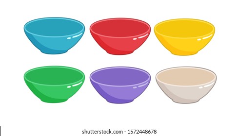 Empty bowls of different colors isolated on white background. Set of vector food icons.