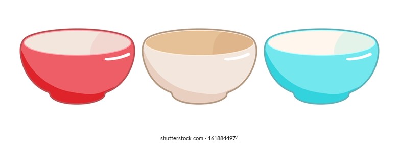 Empty bowls of different colors isolated on white background. Set of vector food icons.