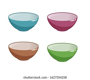 Empty bowls of different colors isolated on white background. Set of vector food icons.