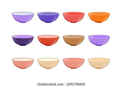 Empty bowls of different colors isolated on white background. Set of vector icons in bright cartoon style.
