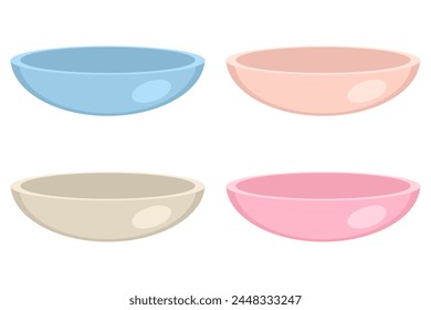 Empty bowls of different pastel colors collection. Perfect print for stickers, poster, menu. Isolated vector illustration for decor and design.


