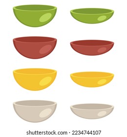 Empty bowls and plates collection in different colors. Perfect for stickers, poster, menu and print. Isolated vector illustration for decor and design. 



