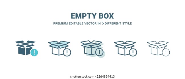 empty box icon in 5 different style. Outline, filled, two color, thin empty box icon isolated on white background. Editable vector can be used web and mobile
