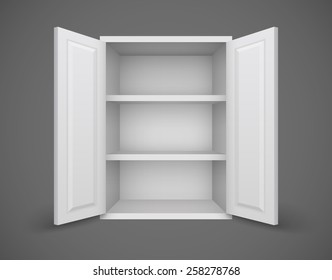 Empty box with open doors and bookshelves nothing inside. Eps10 vector illustration