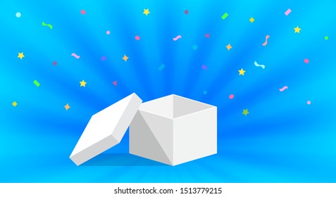 empty box open isolated on blue background, open white box for surprise or gift present, blank box copy space for greeting text concept, white gift box and ribbon confetti colorful