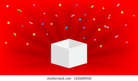 empty box open isolated on red background, open white box for surprise or gift present, blank box copy space for greeting text concept, white gift box and ribbon confetti colorful