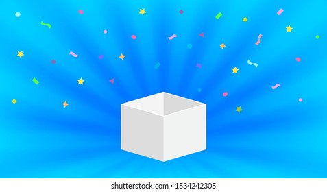 empty box open isolated on blue background, open white box for surprise or gift present, blank box copy space for greeting text concept, white gift box and ribbon confetti colorful