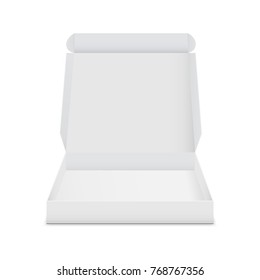 Empty box with open lid - front view. Mockup isolated on white background for your design or branding. Vector illustration
