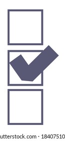 Empty Boxes And Tick, Isolated Check Mark. Approved Or Done Sign, Completion Of Task Or Agreement. Poll Or Voting, Choosing Right Option In Survey. Checkbox Confirmation. Vector In Flat Style