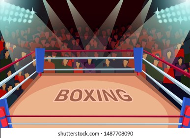 Empty boxing arena flat vector illustration. Professional sports entertainment banner. Fight night, martial arts contest, single combat competition. Ring in spotlights and viewers, action fans