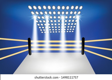 Empty boxing ring with colorful ropes and night light in stadium arena. Lighting on mma fighter vector.
