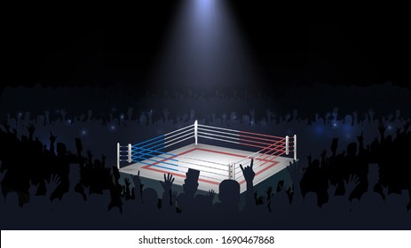 Empty Boxing Ring In A Dark Room And Crowd, Platform For Fighting Competitions Top View