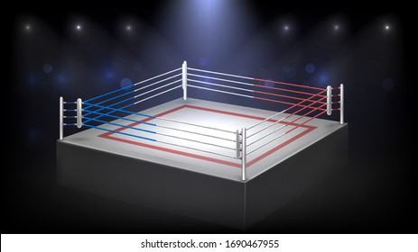 Empty Boxing Ring In A Dark Room And Crowd, Platform For Fighting Competitions