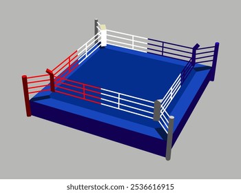 Anillo de boxeo vacío que lucha la arena roja y azul de la esquina con la luz en la Ilustración vectorial realista del fondo negro. Luchar juego de competencia plataforma estadio espectáculo de presentación de iluminación brillante