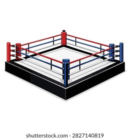 Empty boxing ring with ropes and corner posts in red and blue
