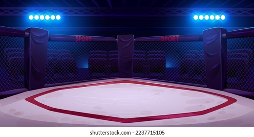 Empty boxing ring with ropes, illuminated with bright spotlights. Cartoon vector illustration of arena for fighting, wrestling, training and competition. Sports match, betting announcement background - Shutterstock ID 2237715105