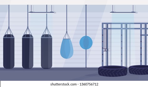 empty boxing studio with punching bags of different shapes for practicing martial arts in gym modern fight club interior design horizontal banner flat