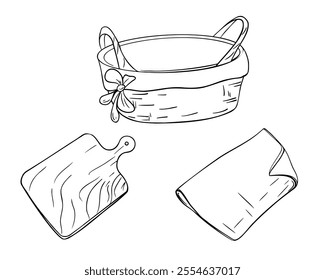 Empty bread basket with decorative bow, a wooden cutting board, and a folded napkin black white vector hand drawn illustration isolated for design bakery, packaging or rustic food themed label.