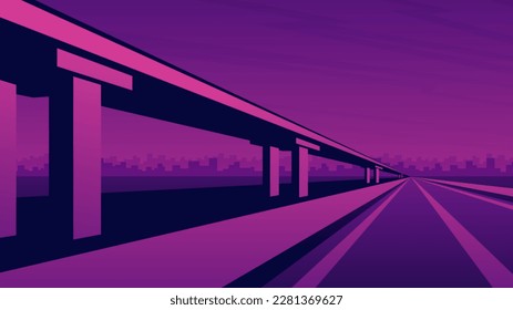 Empty bridge over the river on modern city background. Pink sunset illustration of the crossing in perspective.