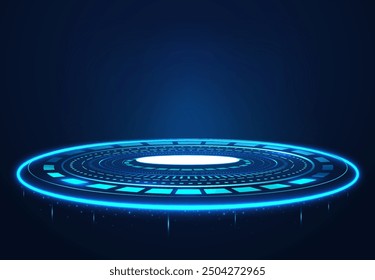 Empty bright blue circular portal scene in futuristic style. Glowing energetic light round hologram.