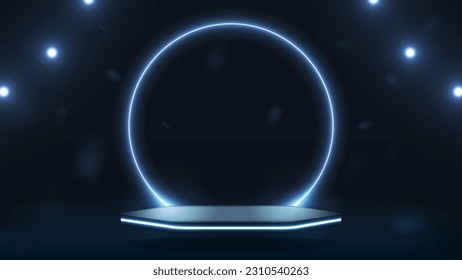 An empty bright glossy podium with a shiny neon round arch. Platform on a dark blue background.