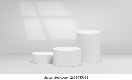 Empty bright studio with window light and podium. 3d vector background for product design