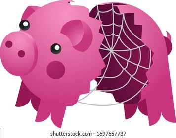 Banco de cerdo de cerámica rota y vacío con telaraña. Ilustración vectorial