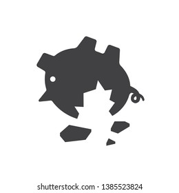 Empty Broken Piggy Bank Icon. Black Silhouette Isolated On White Background. Save Money. Make Deposit. Smashed Piggy Bank Lying Upside Down. Glyph Style Icon, Symbol Of Debt, Crisis, Poverty.