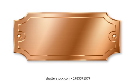 Empty bronze plate plaque, template badge for office door, realistic mockup of frame for nameplate isolated on white background. 3d vector illustration svg