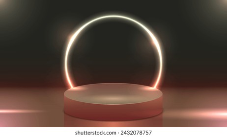 An empty bronze podium with a glowing neon ring. Background with studio lighting.