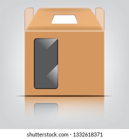 empty brown box product package with window shape cut out and template blank for design product package gift box,  kraft card board package carton. Vector